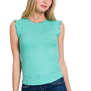 Zenana Teal Striped Women's Top w/ Ruffle trim